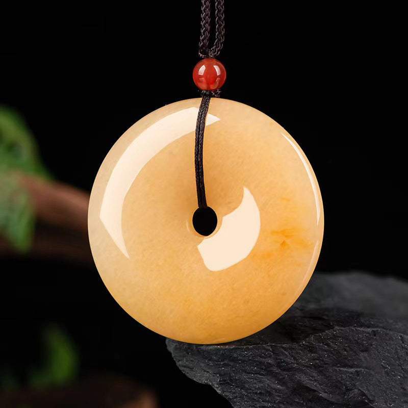 Collana con ciondolo Buddha Stones Round, giada di seta dorata, fibbia della pace e ricchezza