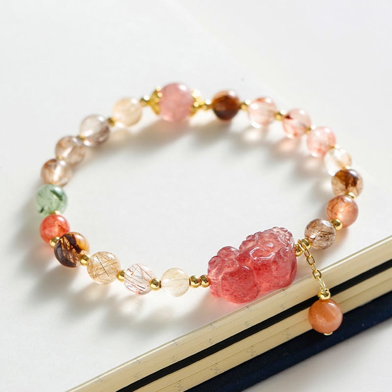 Braccialetto Buddha Stones Natural Rutilato Quarzo Fragola PiXiu Wealth