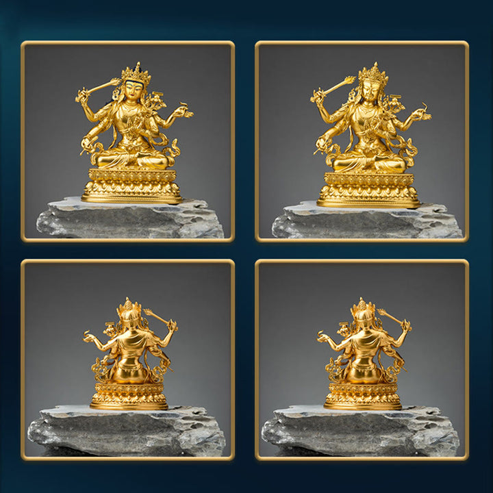 Statua in rame della compassione e serenità del Bodhisattva Manjusri a quattro braccia, statuetta in oro, decorazione per la casa