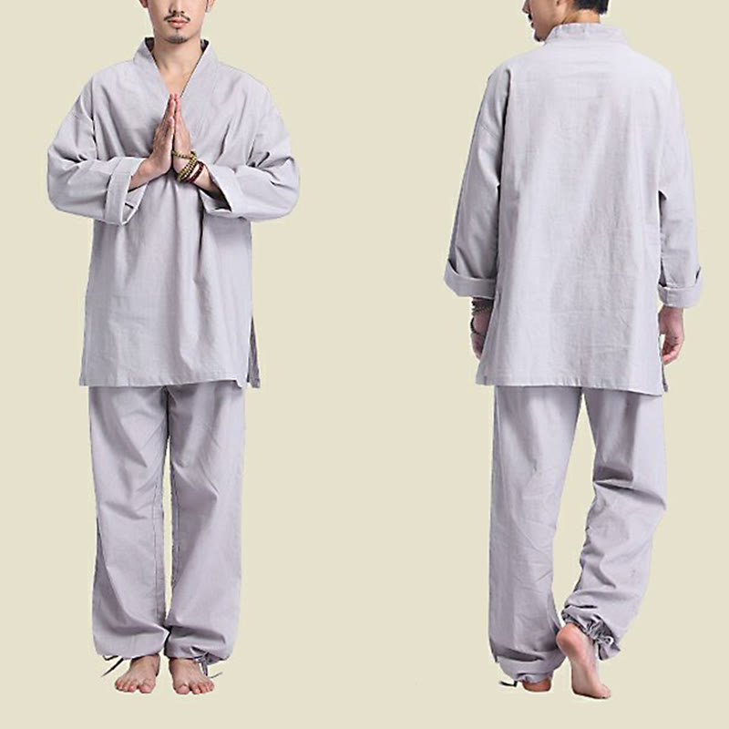 Set da uomo di abbigliamento yoga Buddha Stones a V, in cotone e lino, per meditazione e preghiera, spirituale e zen