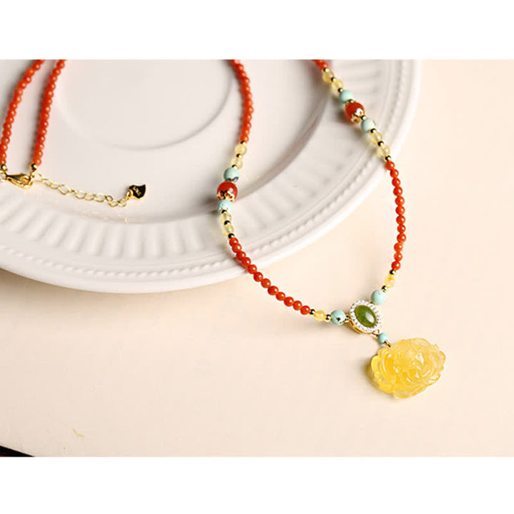 Collana con ciondolo in argento sterling 925 con agata rossa naturale, ambra e peonia, simbolo di fiducia