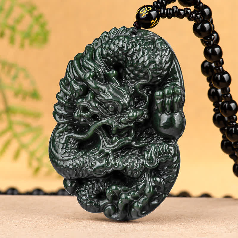 Collana con ciondolo in perline di corda di perline Buddha Stones Hetian Cyan Jade Dragon Success Harmony - image 8