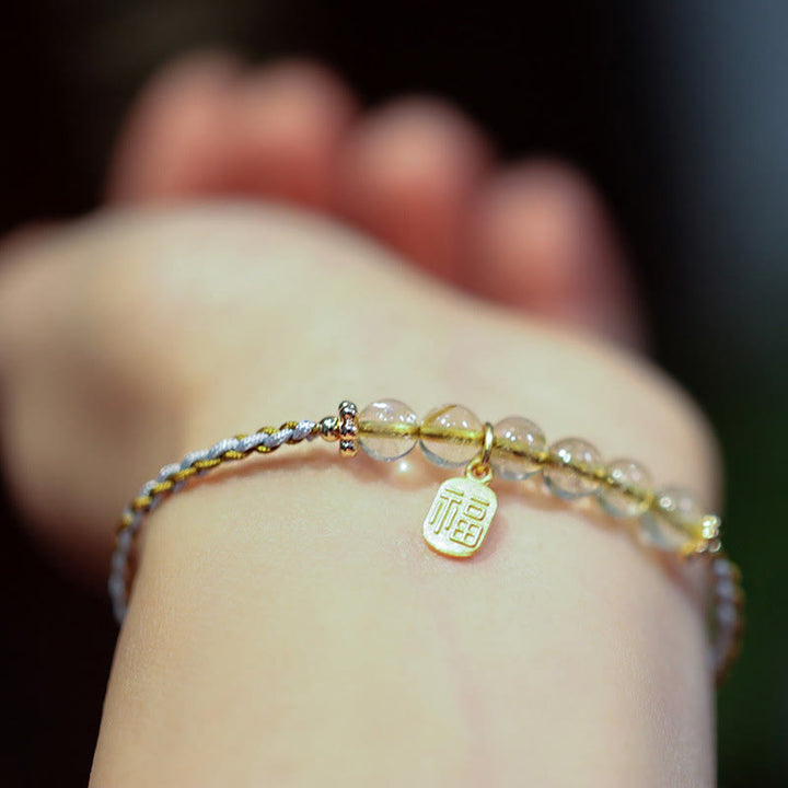 Braccialetto intrecciato con carattere Fu in argento sterling 925, giada naturale, quarzo rutilato e zucca, con fortuna