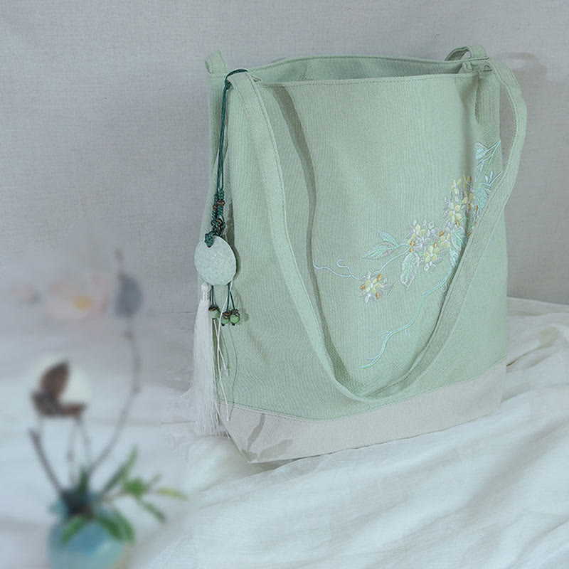 Buddha Stones Flower Crane Plum Blossom Ricamo Tela Grande Capacità Borsa a Tracolla Tote Bag