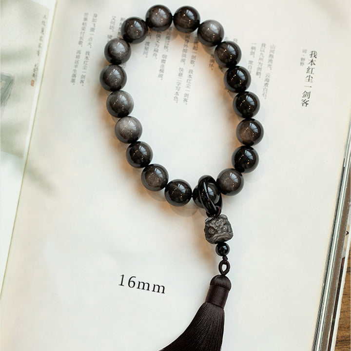 Buddha Stones Argento naturale Ossidiana lucida Ossidiana nera Leone Mala da polso Protezione Nappe Mala tascabile Decorazione per auto
