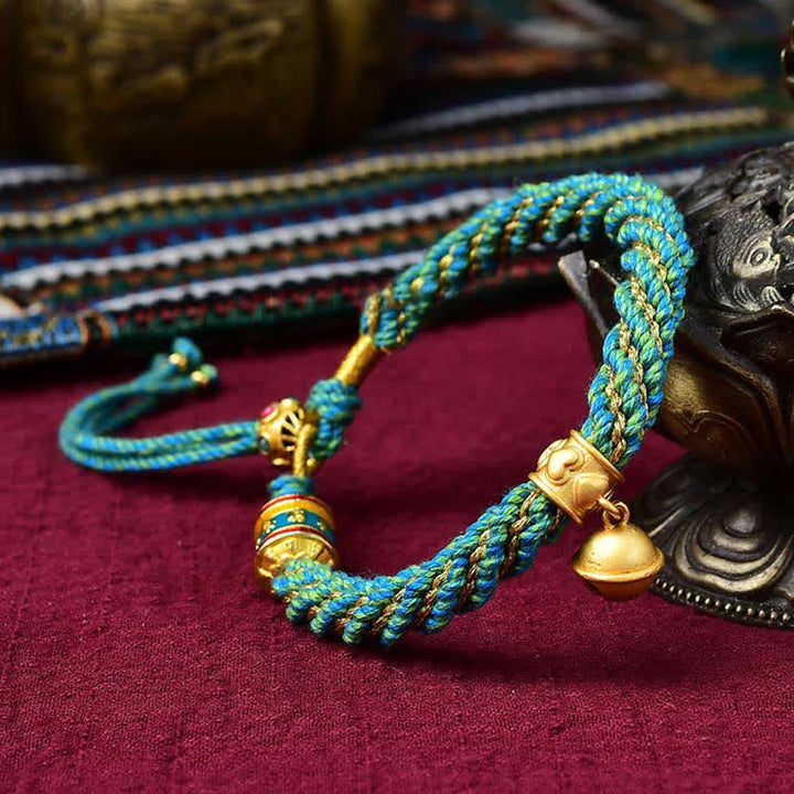 Braccialetto con ciondolo a forma di campana della ruota di preghiera tibetana, fatto a mano, con protezione dalla fortuna, Thangka
