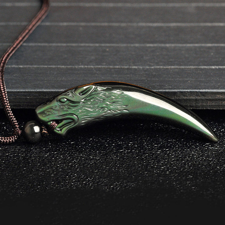 Buddha Stones Collana con ciondolo in ossidiana nera naturale, ossidiana di ghiaccio, ossidiana arcobaleno con motivo a dente di lupo e forza. - image 16