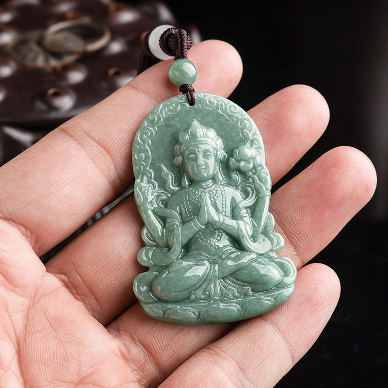 Collana con corda di benedizione dell'amuleto in giada naturale Avalokitesvara a quattro braccia - image 4