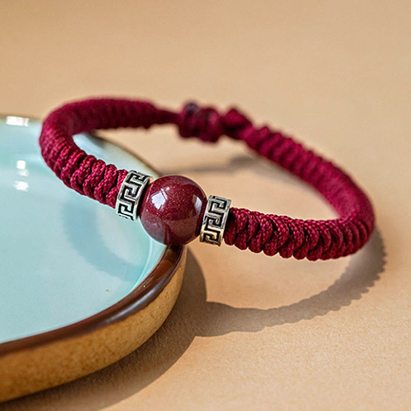 Braccialetto in corda intrecciata fatto a mano con perline di cinabro naturale in argento sterling 925 Buddha Stones