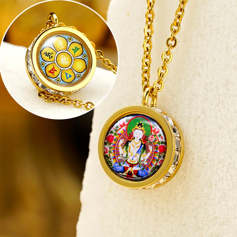 Buddha Stones Tibetano Giallo Dio della Ricchezza Tara Verde Buddha Serenity Collana Pendente in Acciaio al Titanio - Davanti Avalokitesvara a quattro braccia. Dietro Om Mani Padme Hum - image 16