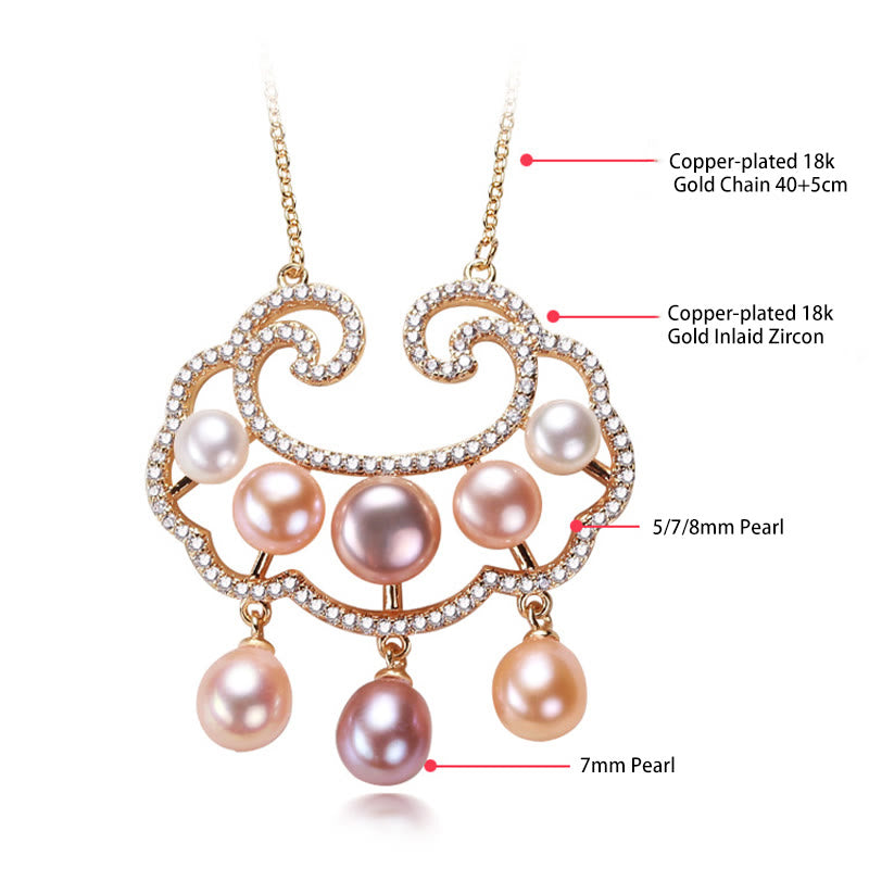 Collana con ciondolo con lucchetto cinese in perle naturali placcate in oro 18 carati, motivo : Buddha Stones