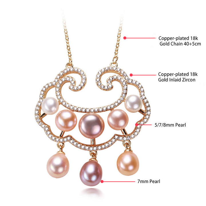 Collana con ciondolo con lucchetto cinese in perle naturali placcate in oro 18 carati, motivo : Buddha Stones