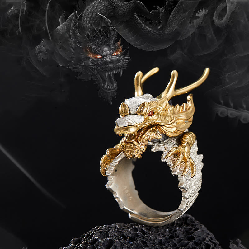 Buddha Stones 925 Sterling Silver Drago Fortuna Successo Protezione Anello Regolabile Ciondolo - image 1