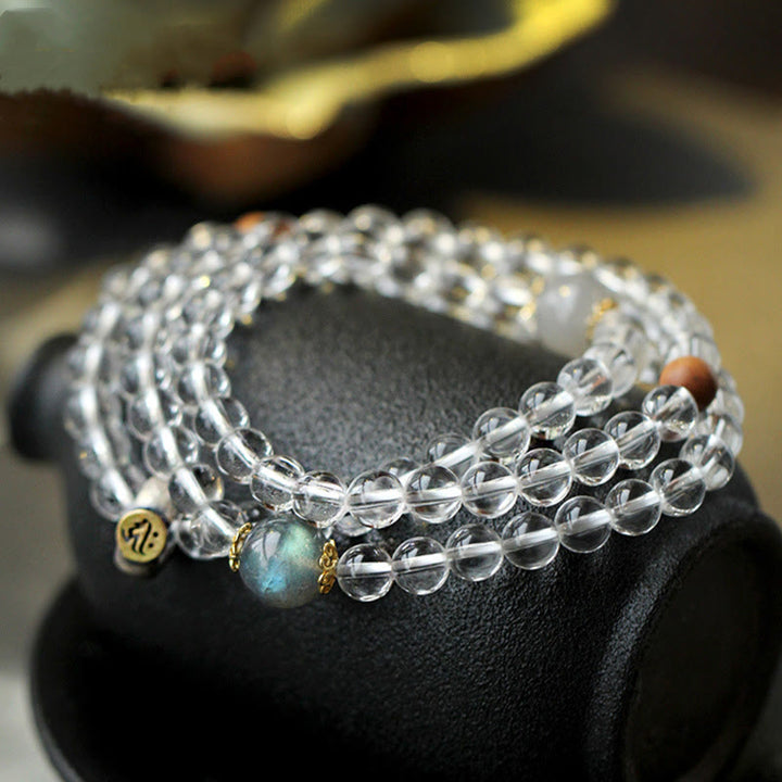 Braccialetto triplo giro in argento sterling 925 con Buddha Stones , zodiaco cinese, Buddha natale, cristallo bianco, meditazione