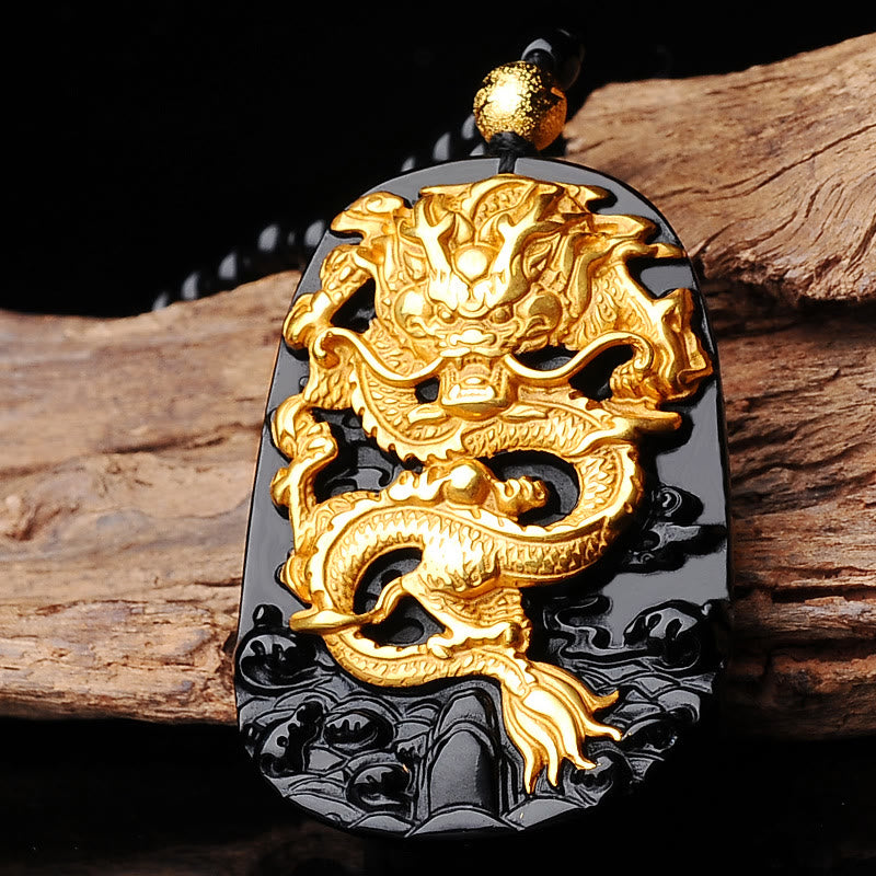 Collana con ciondolo portafortuna in ossidiana drago placcata in oro 18k Buddha Stones - Ossidiana - image 3
