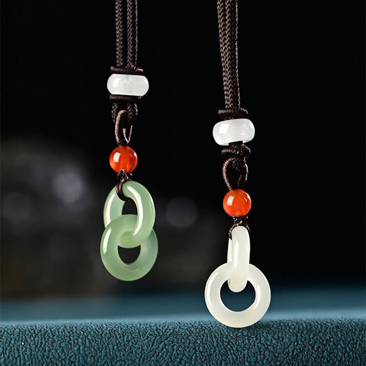 Buddha Stones Ciondolo della collana del successo della fibbia della pace doppia della giada bianca di Hetian naturale - Giada ciano di Hetian e giada bianca di Hetian - image 0