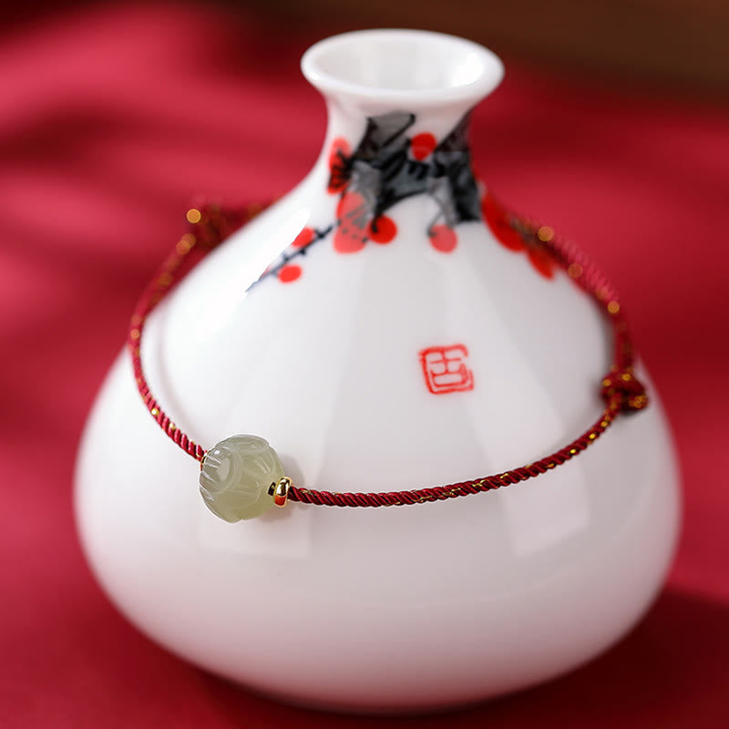 Bracciale Buddha Stones in argento sterling 925 placcato oro con giada Hetian e loto portafortuna in corda rossa - Grande loto di giada 7*10 mm (misura braccialetto 22 cm) - image 4