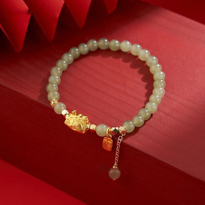 Buddha Stones Anno del Drago Gnocco Agata Rossa Naturale Granato Giada Hetian Fu Carattere Braccialetto Fortuna Successo