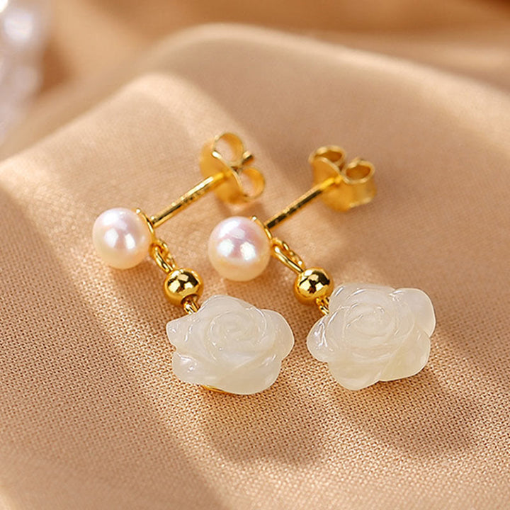 Orecchini Buddha Stones 925 Sterling Silver Placcato Oro Giada Rosa Fiore Ciano Giada Perla Fortuna