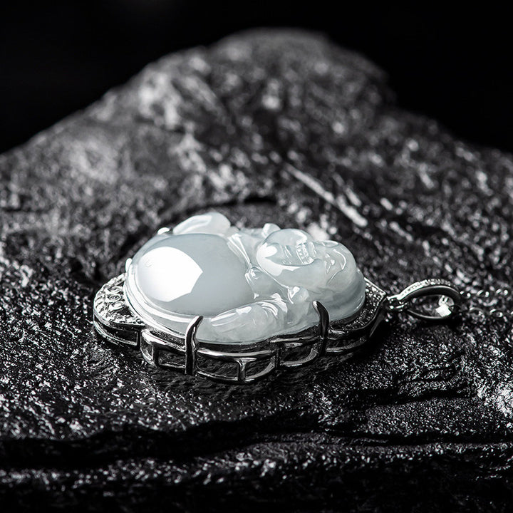 Collana con Buddha Stones che ride, giada naturale, abbondanza, catena in acciaio al titanio - image 5