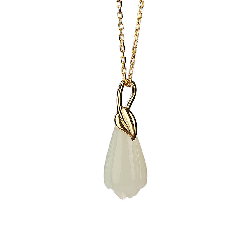 Collana con Buddha Stones in giada Hetian naturale, ciondolo con fiore di magnolia, ciondolo in argento sterling 925 placcato oro