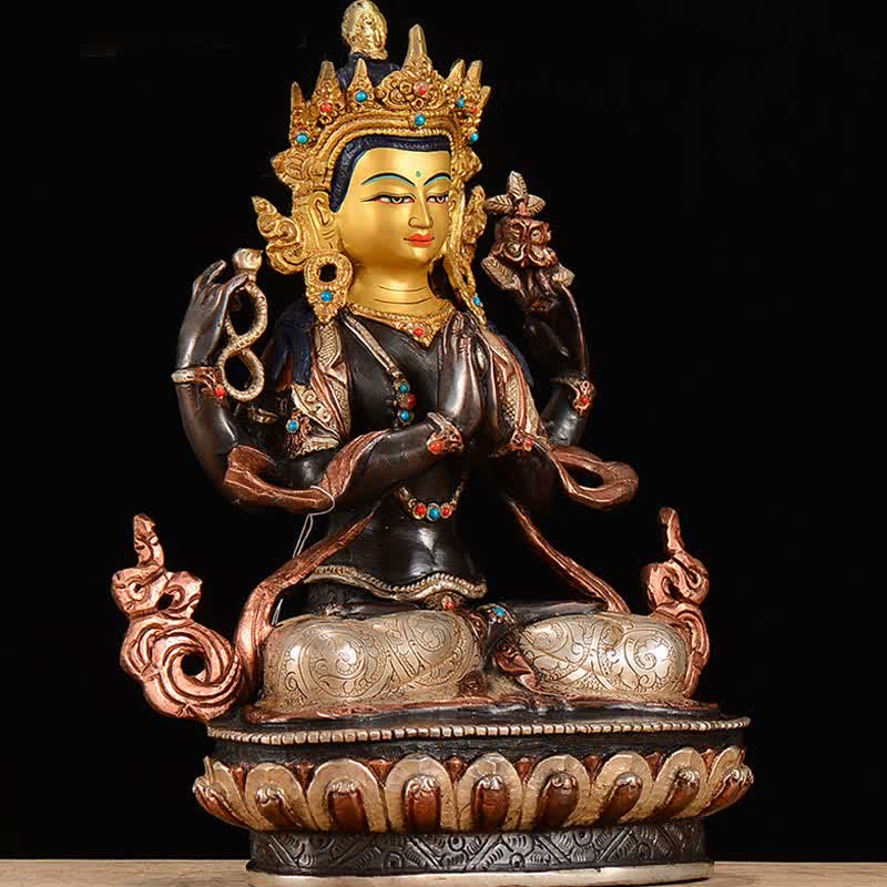Statua di rame di protezione di Avalokitesvara a quattro braccia del Bodhisattva Chenrezig Decorazione