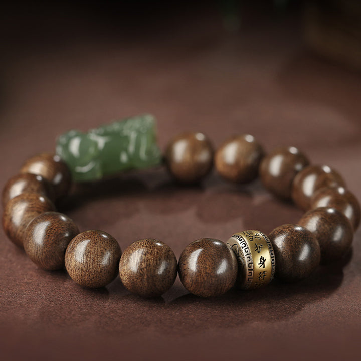 Bracciale Buddha Stones 925 Sterling Silver Brunei Agarwood PiXiu Jade Peace Strength