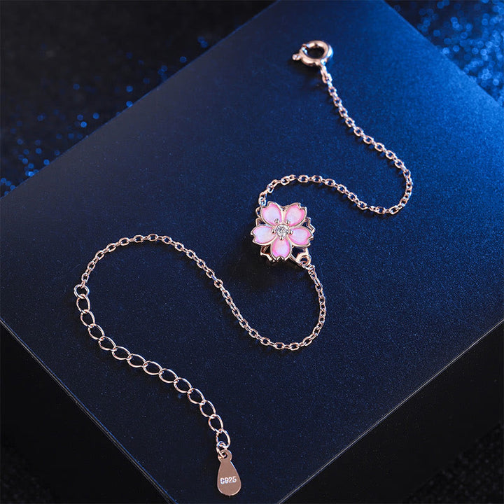 Bracciale a catena con benedizione in fiore di ciliegio in argento sterling 925 Buddha Stones, anello girevole