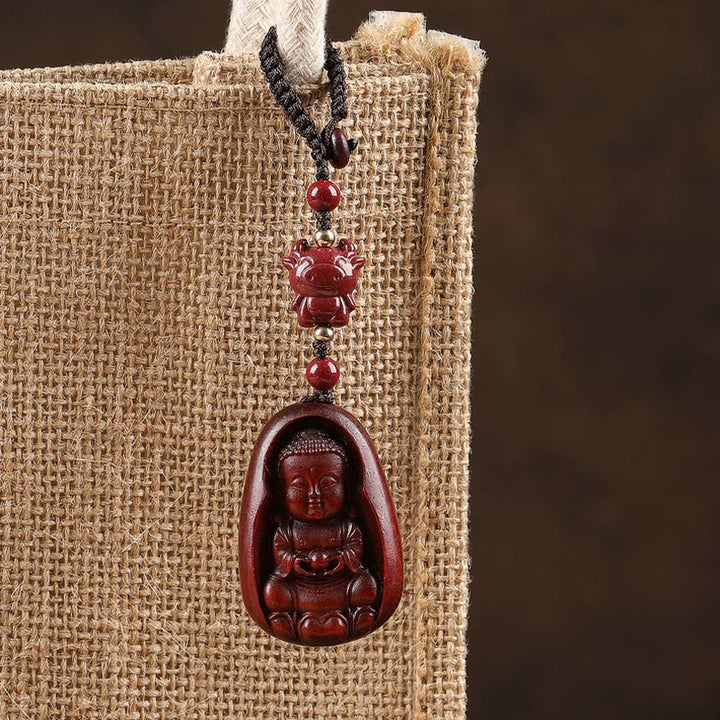 Buddha Stones Piccola foglia Sandalo rosso Buddha Cinabro Zodiaco cinese Amuleto Protezione Portachiavi