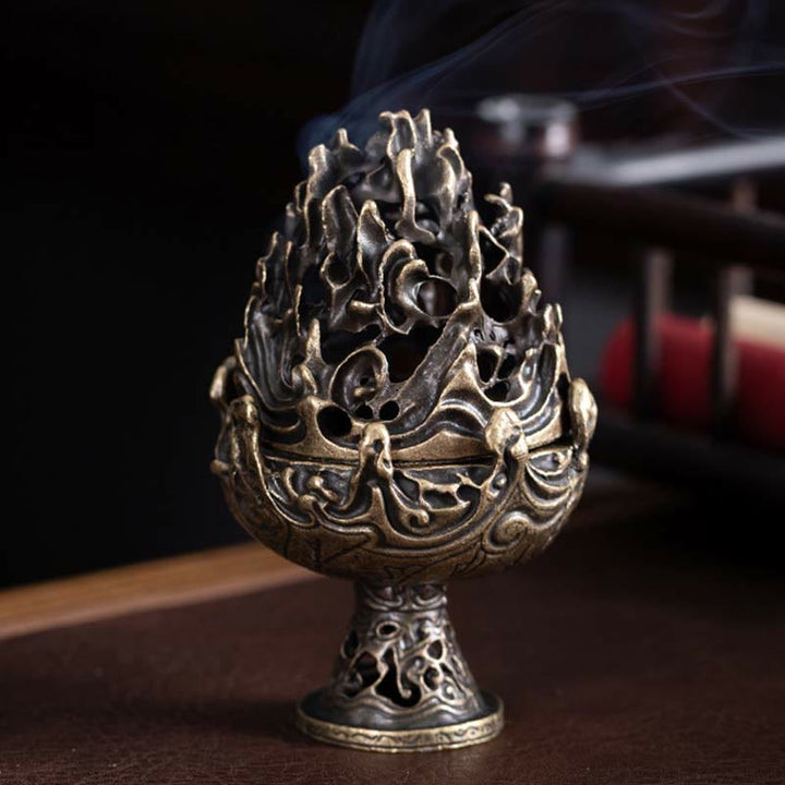 Bruciatore di incenso in lega di rame per meditazione con motivo a mini montagna tibetana