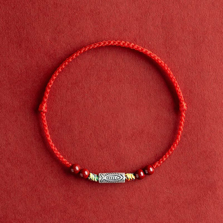 Buddha Stones 925 Sterling Silver Koi Fish Cinnabar Bead Wealth Braccialetto intrecciato artigianale Cavigliera
