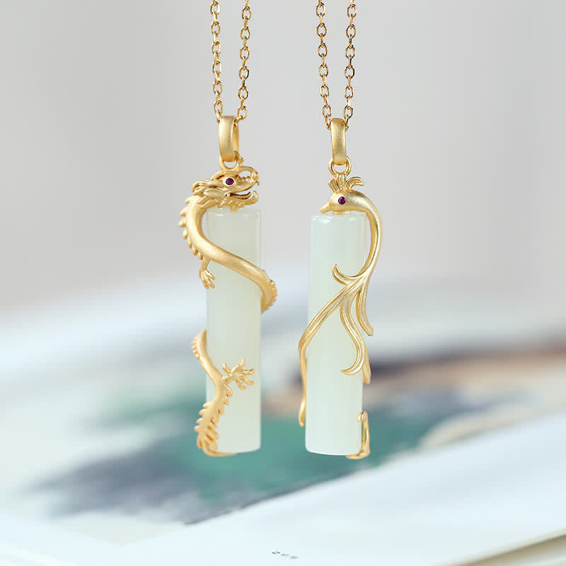 Collana con ciondolo di protezione in rame con drago e fenice in giada Buddha Stones - image 1
