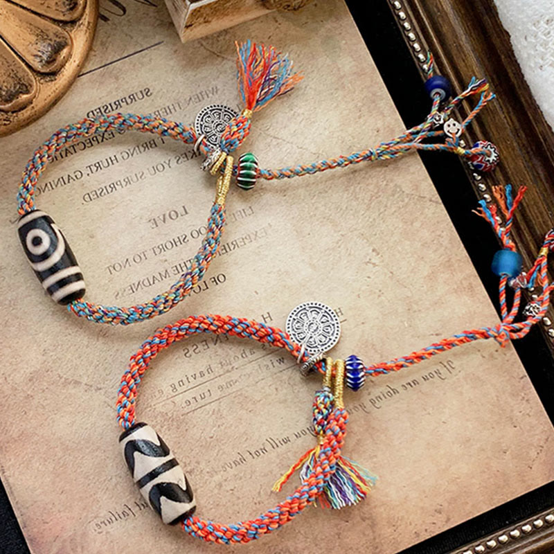 Braccialetto di protezione intrecciato con perline Dzi fatte a mano in argento sterling 925 tibetano Om Mani Padme Hum