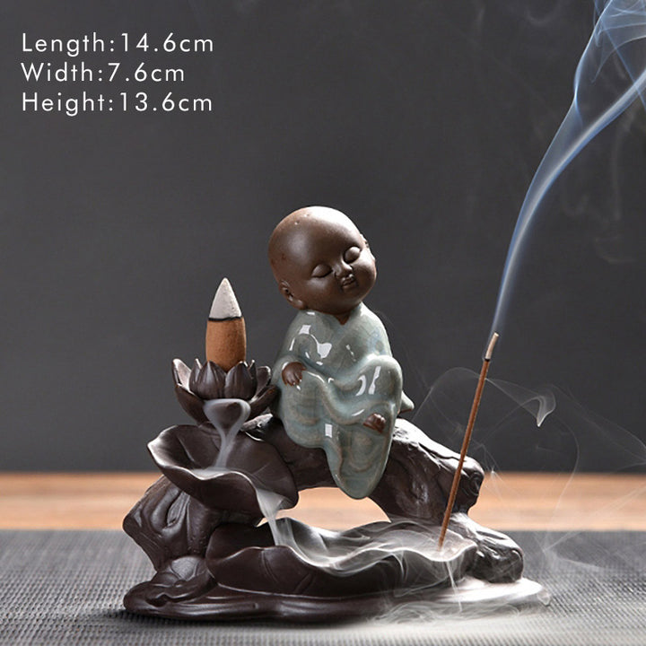 Buddha Stones Piccolo Monaco Ceramica Loto Benedizione Bruciatore Incenso Decorazione