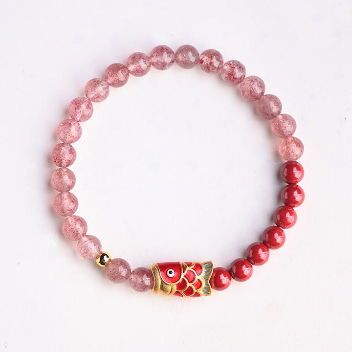 Braccialetto curativo con pesce koi portafortuna in quarzo fragola naturale cinabro Buddha Stones