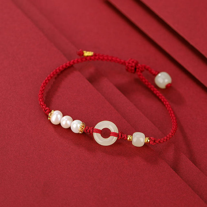 Bracciale Buddha Stones 925 Sterling Silver placcato oro Hetian Jade Peace Buckle Pearl Luck - Corda rosso scuro (circonferenza polso 14-16 cm) - image 6