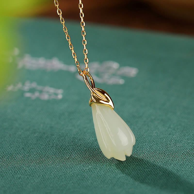 Collana con Buddha Stones in giada Hetian naturale, ciondolo con fiore di magnolia, ciondolo in argento sterling 925 placcato oro