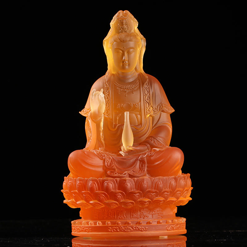 Buddha Stones Kwan Yin Avalokitesvara Figurina fatta a mano Liuli Cristallo Pezzo d'arte Statua della ricchezza Offerta per la casa Decorazione - 23cm Colore Ambra - image 7