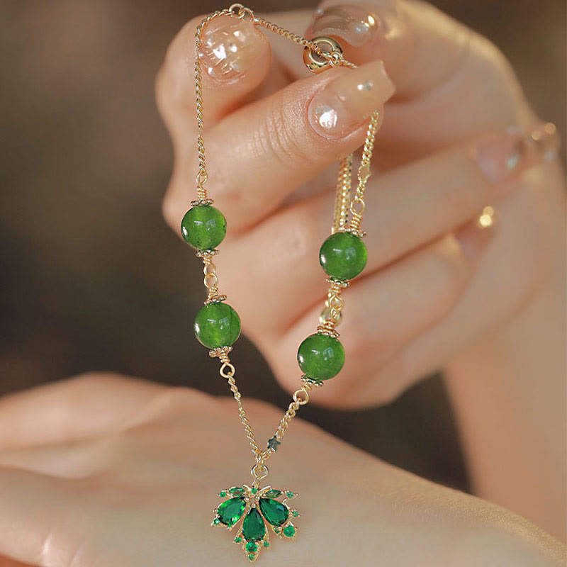 Bracciale Buddha Stones placcato oro 14k calcedonio verde foglia d'acero coraggio forza
