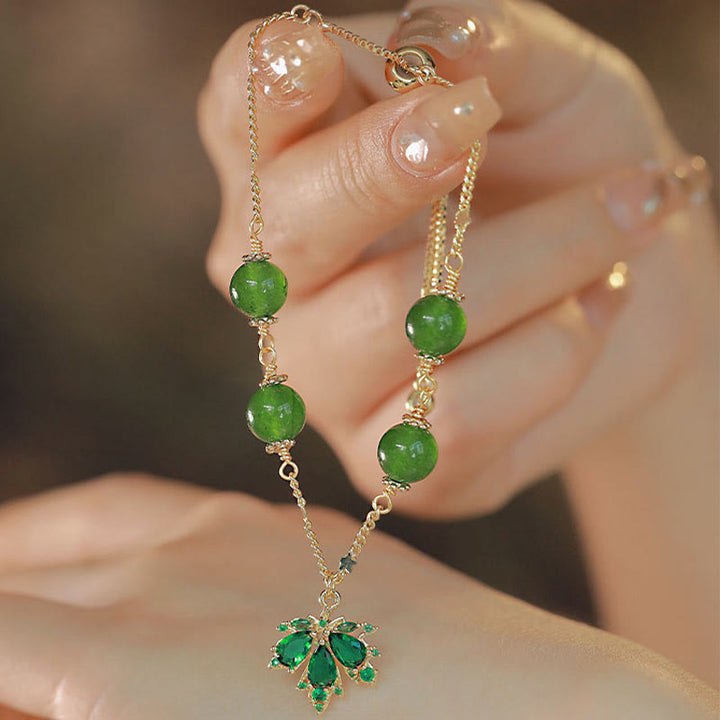 Bracciale Buddha Stones placcato oro 14k calcedonio verde foglia d'acero coraggio forza