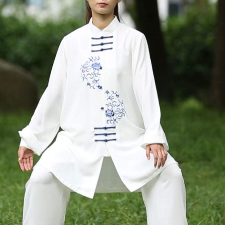 Buddha Stones Fiore Ricamo Meditazione Preghiera Spirituale Zen Tai Chi Qigong Pratica Set di Abbigliamento Unisex