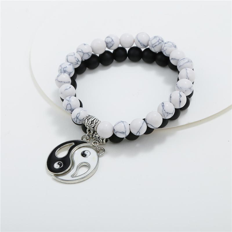 Buddha Stones 2 pezzi Braccialetto di coppia Yin Yang con perline di turchese bianco e onice nero naturale - image 5