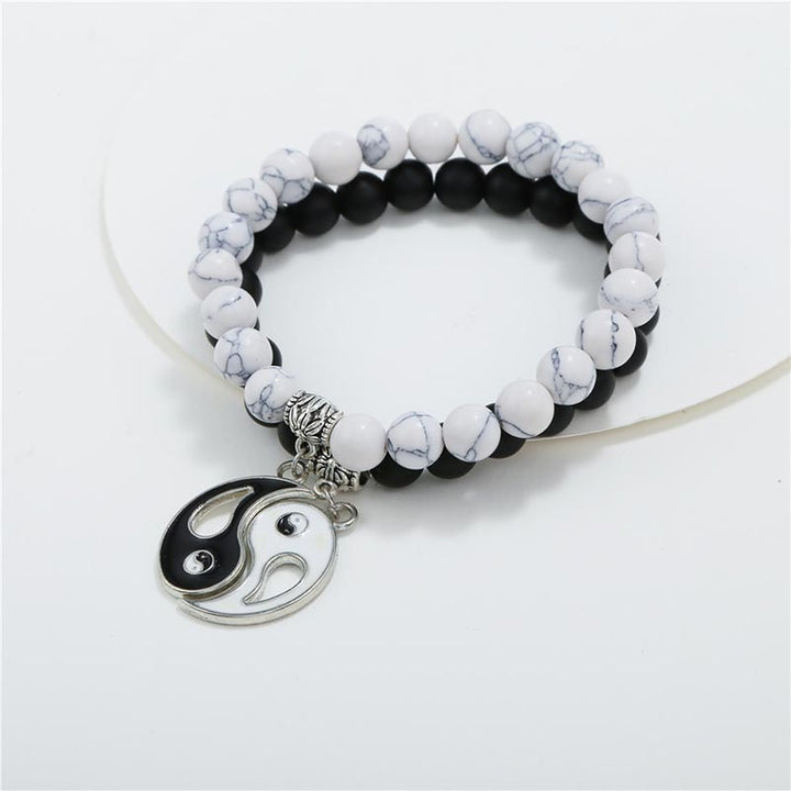 Buddha Stones 2 pezzi Braccialetto di coppia Yin Yang con perline di turchese bianco e onice nero naturale - image 5