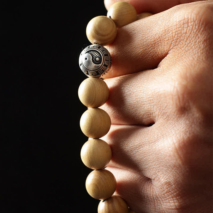 Bracciale di ricchezza e fortuna di legno di pesca del Tibet, loto, cinabro, Bagua Yin Yang