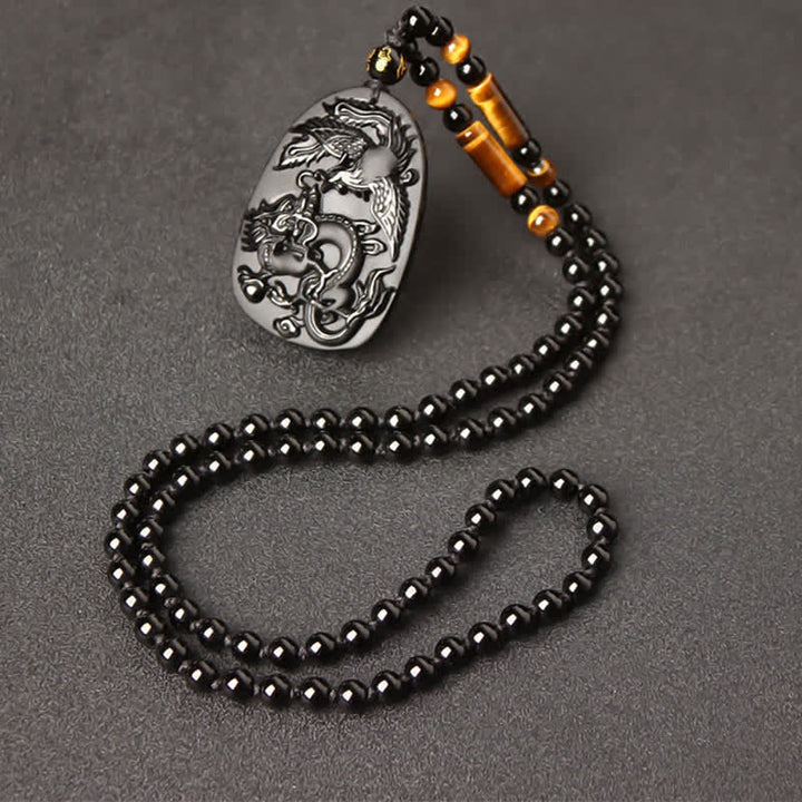 Collana con ciondolo di perline di protezione in ossidiana nera con occhio di tigre, drago e fenice - Catena di perline in occhio di tigre di ossidiana - image 12