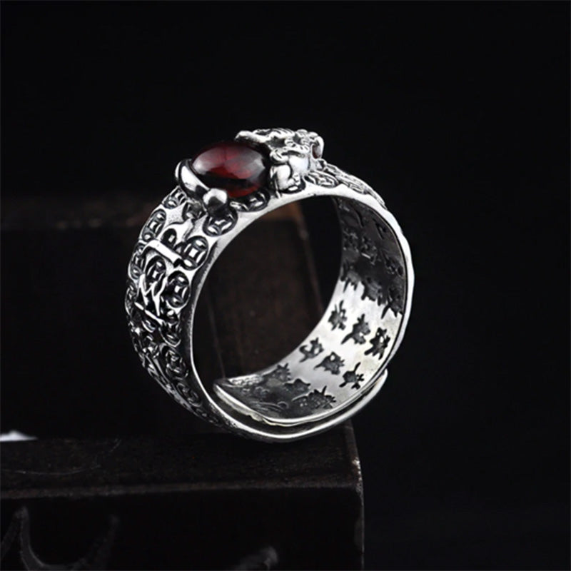 Anello di ricchezza in granato rosso PiXiu FengShui Buddha Stones