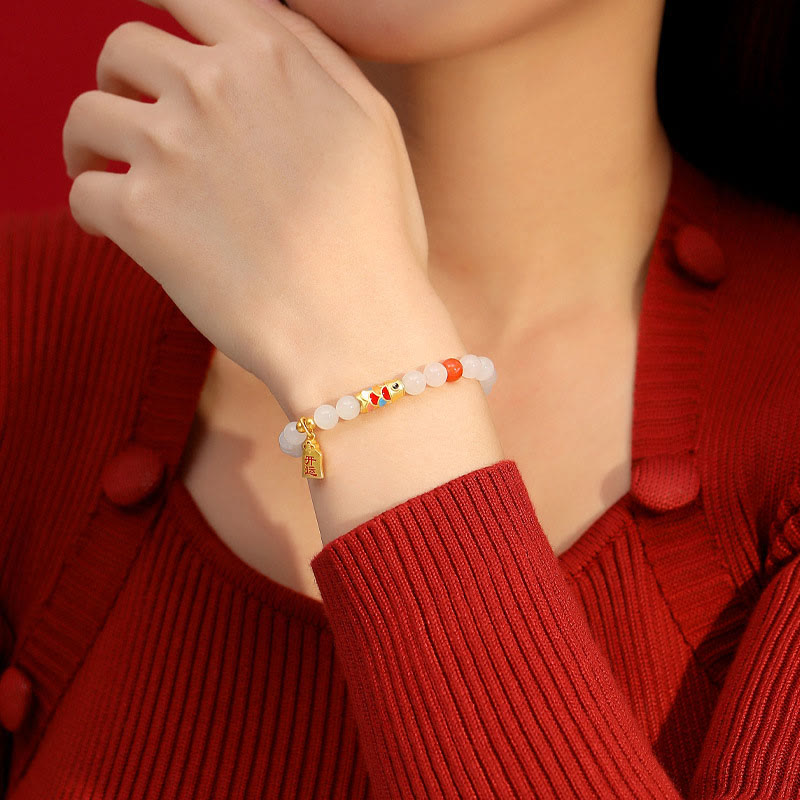 Bracciale Buddha Stones 925 Sterling Silver Hetian Giada Bianca Agata Rossa Koi Pesce Fortuna Felicità