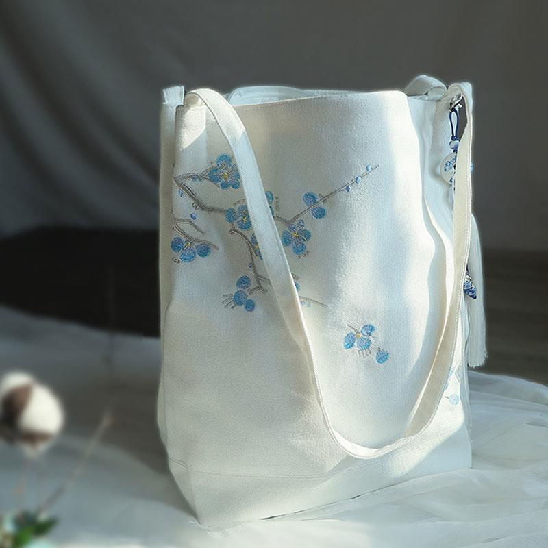 Buddha Stones Flower Crane Plum Blossom Ricamo Tela Grande Capacità Borsa a Tracolla Tote Bag