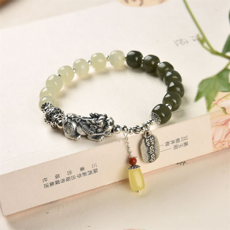 Braccialetto della fortuna PiXiu in argento sterling 925 Buddha Stones e giada naturale di Hetian e ambra