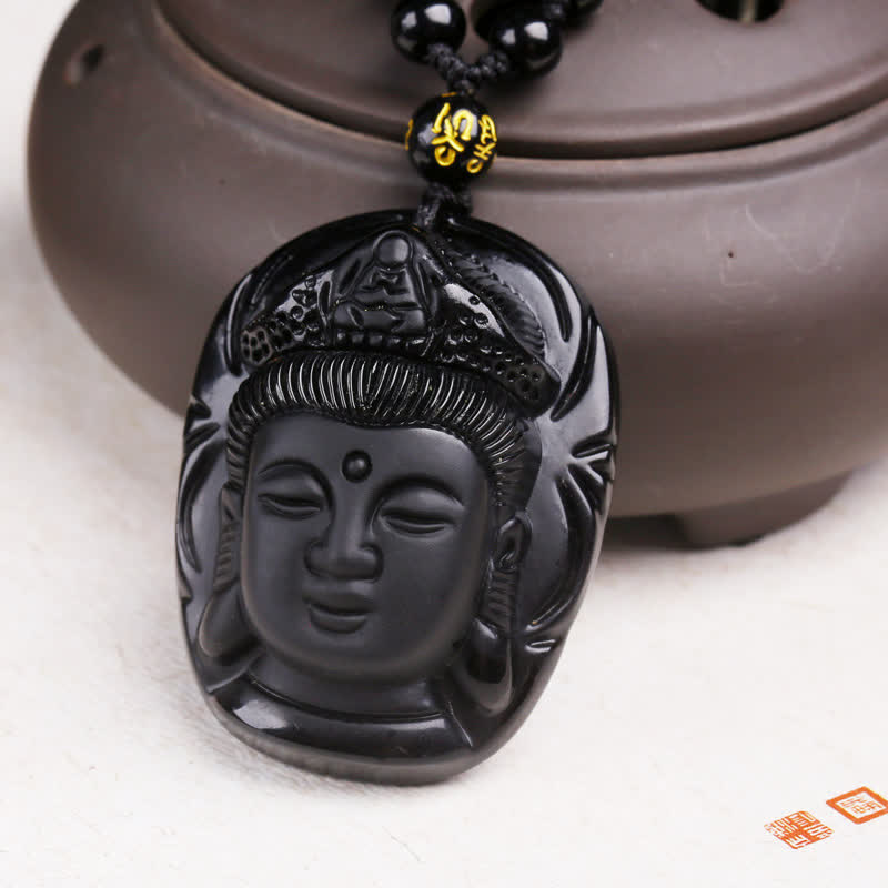 Buddha Stones Ossidiana nera naturale Kwan Yin Avalokitesvara Forza Collana con ciondolo - image 9